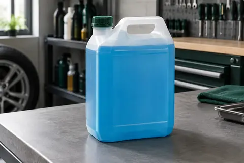 Bidon de 5 litres de liquide lave-glace avec bec verseur intégré, posé sur un établi gris
