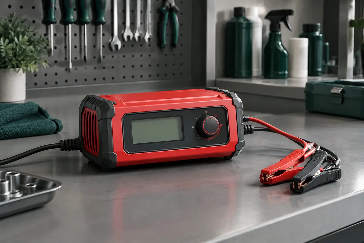 Chargeur de batterie HTRC rouge avec écran LCD posé sur un établi gris d’atelier