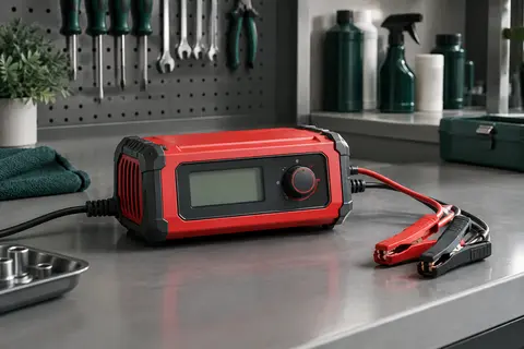 Chargeur de batterie HTRC rouge avec écran LCD posé sur un établi gris d’atelier