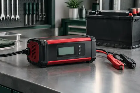 Chargeur de batterie Husgw noir et rouge avec écran LCD, posé sur un établi d’atelier automobile.