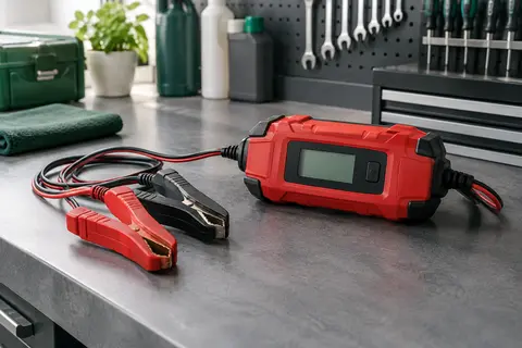 Chargeur de batterie Husgw rouge avec écran LCD et pinces posé sur un établi d’atelier automobile