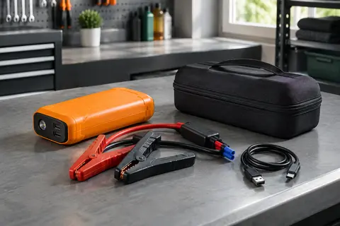 Booster de batterie automobile orange avec pinces, câble USB et sac de transport sur un établi d’atelier.