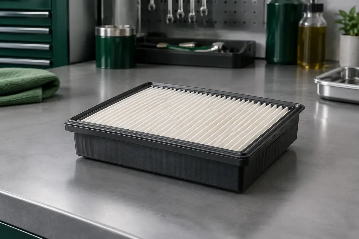 Filtre à air moteur en gaze de coton posé sur un établi gris dans un atelier propre
