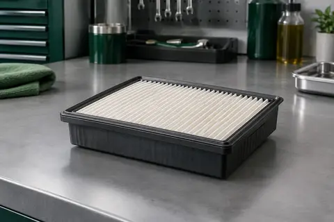 Filtre à air moteur en gaze de coton posé sur un établi gris dans un atelier propre