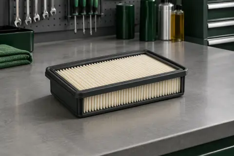 Filtre à air moteur de remplacement en gaze de coton posé sur un établi gris d’atelier
