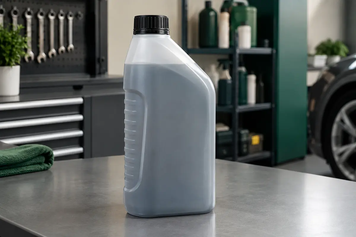 Flacon de shampoing auto Kärcher 3 en 1 posé sur un établi gris dans un atelier propre