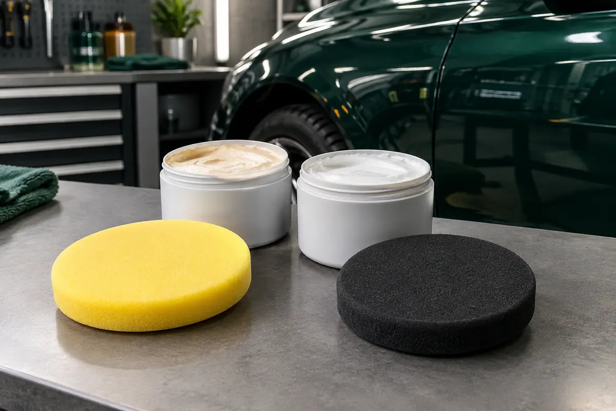 Deux composés de polissage pour carrosserie avec une éponge jaune et une éponge noire sur un établi
