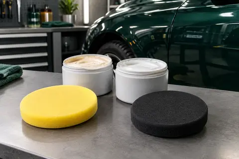 Deux composés de polissage pour carrosserie avec une éponge jaune et une éponge noire sur un établi