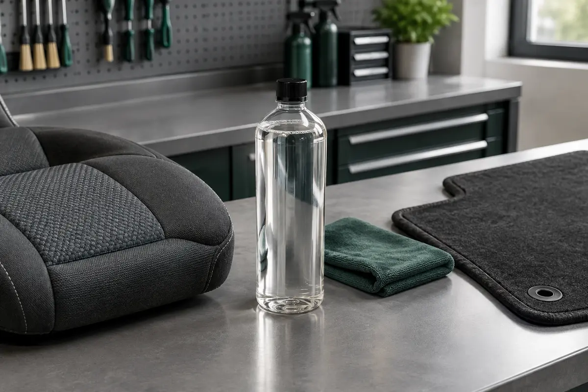 Nettoyant textile liquide transparent posé près d’un siège en tissu et d’un tapis automobile