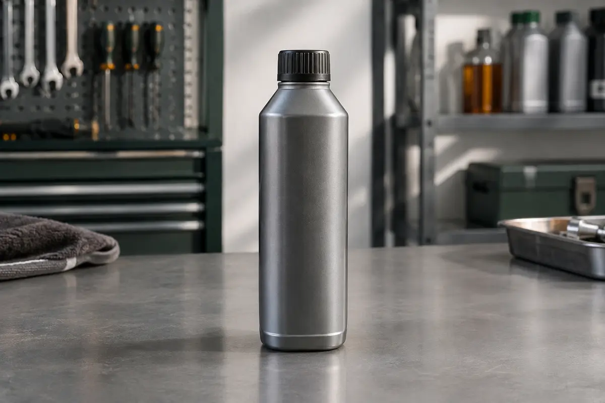 Flacon de 300 ml d’additif anti-fuite pour huile moteur posé sur un établi d’atelier automobile.