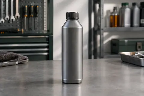 Flacon de 300 ml d’additif anti-fuite pour huile moteur posé sur un établi d’atelier automobile.