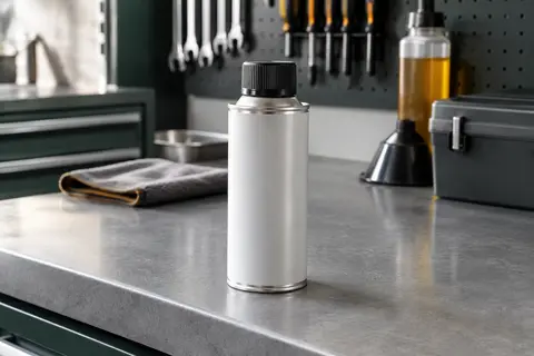 Contenant compact de 300 ml d’additif pour huile moteur posé sur un établi d’atelier automobile propre.