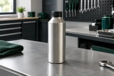 Flacon en aluminium de 300 ml d’additif céramique posé sur un établi d’atelier automobile.