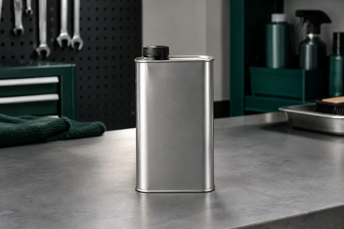 Boîte métallique de 300 ml de nettoyant pour circuit d’huile moteur posée sur un établi d’atelier.