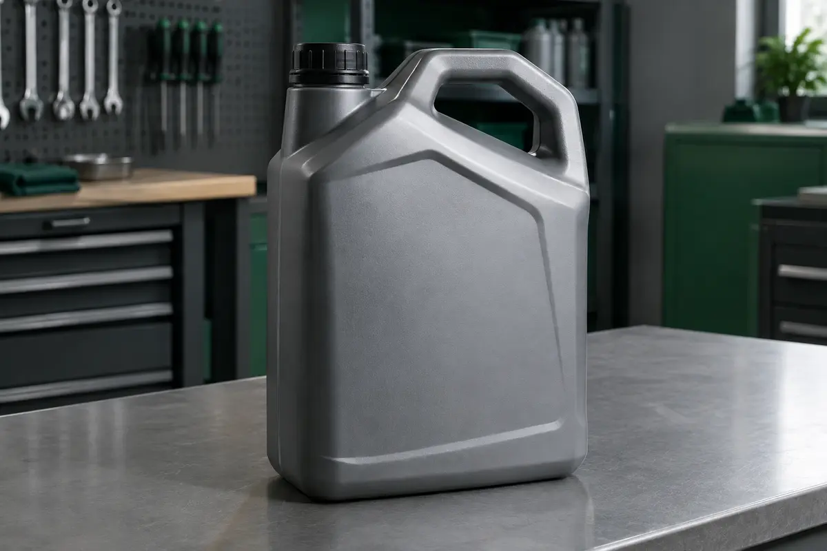 Contenant compact de 5 litres d’huile moteur 5W-30 posé sur un établi gris dans un atelier propre.