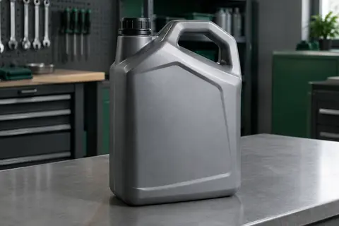 Contenant compact de 5 litres d’huile moteur 5W-30 posé sur un établi gris dans un atelier propre.