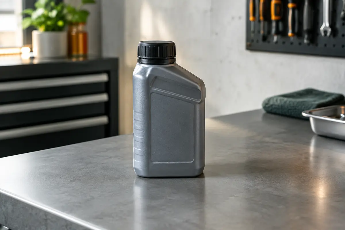 Flacon compact de liquide de frein automobile posé sur un établi gris dans un atelier propre.