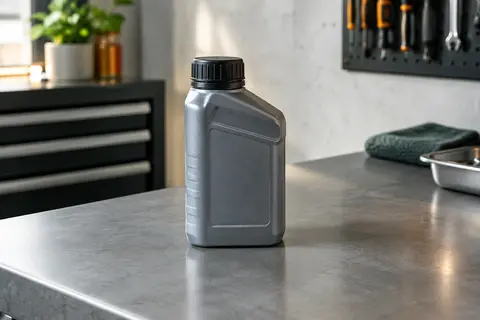 Flacon compact de liquide de frein automobile posé sur un établi gris dans un atelier propre.
