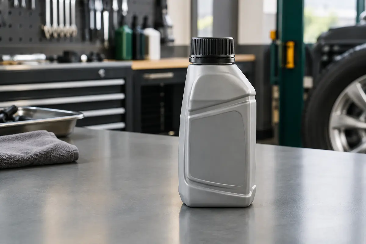 Petit contenant de liquide de frein DOT 4 posé sur un établi gris dans un atelier automobile propre