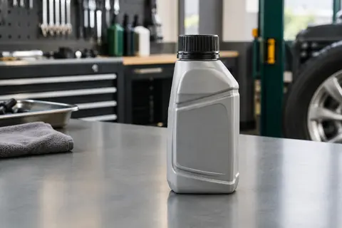 Petit contenant de liquide de frein DOT 4 posé sur un établi gris dans un atelier automobile propre