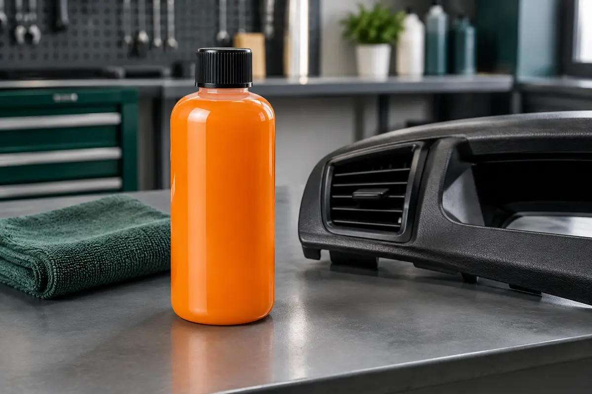 Flacon orange de traitement plastique automobile 3 en 1 posé sur un établi gris dans un atelier propre