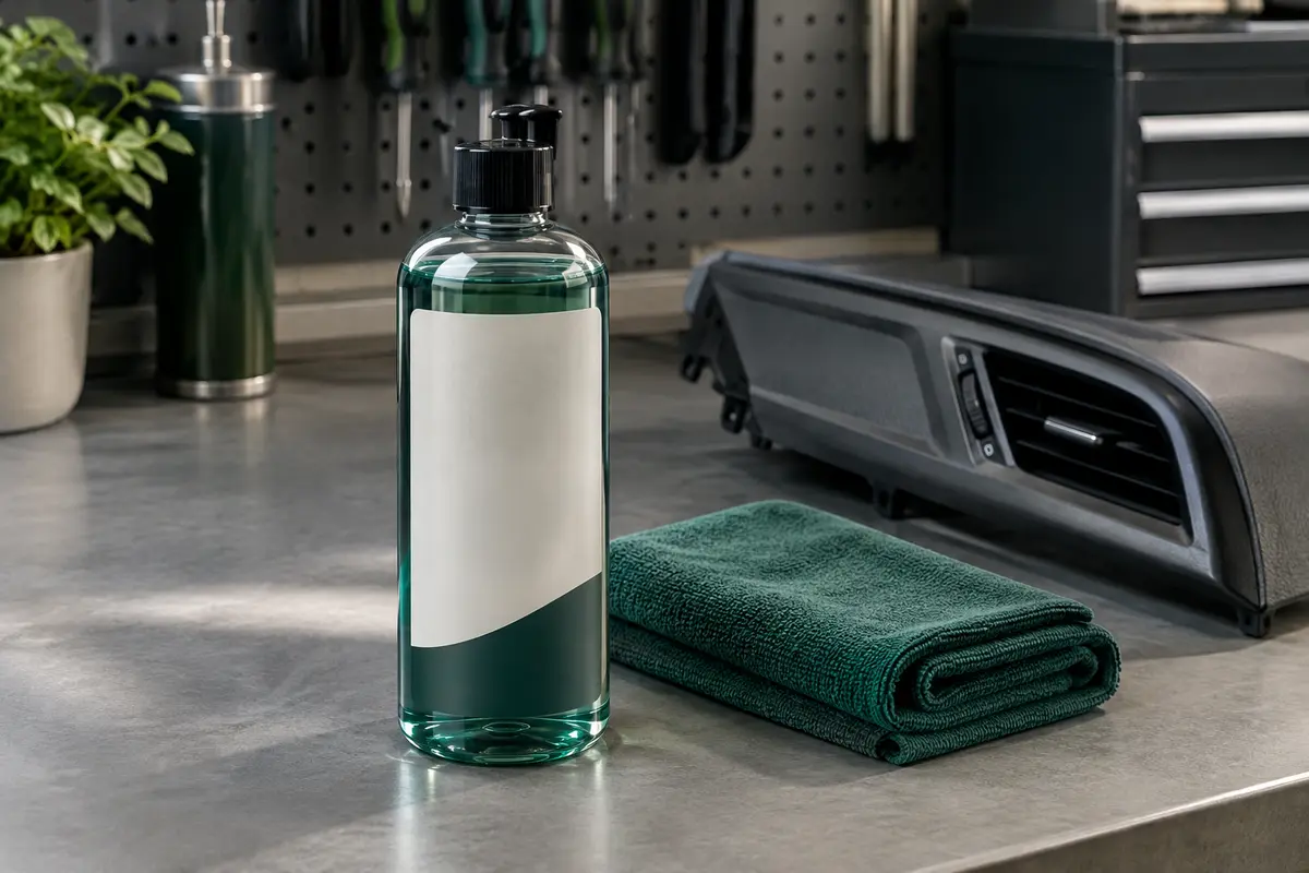 Flacon de nettoyant plastique intérieur de 500 ml posé sur un établi avec un chiffon microfibre