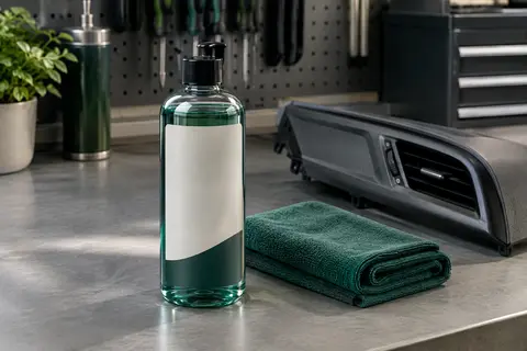 Flacon de nettoyant plastique intérieur de 500 ml posé sur un établi avec un chiffon microfibre