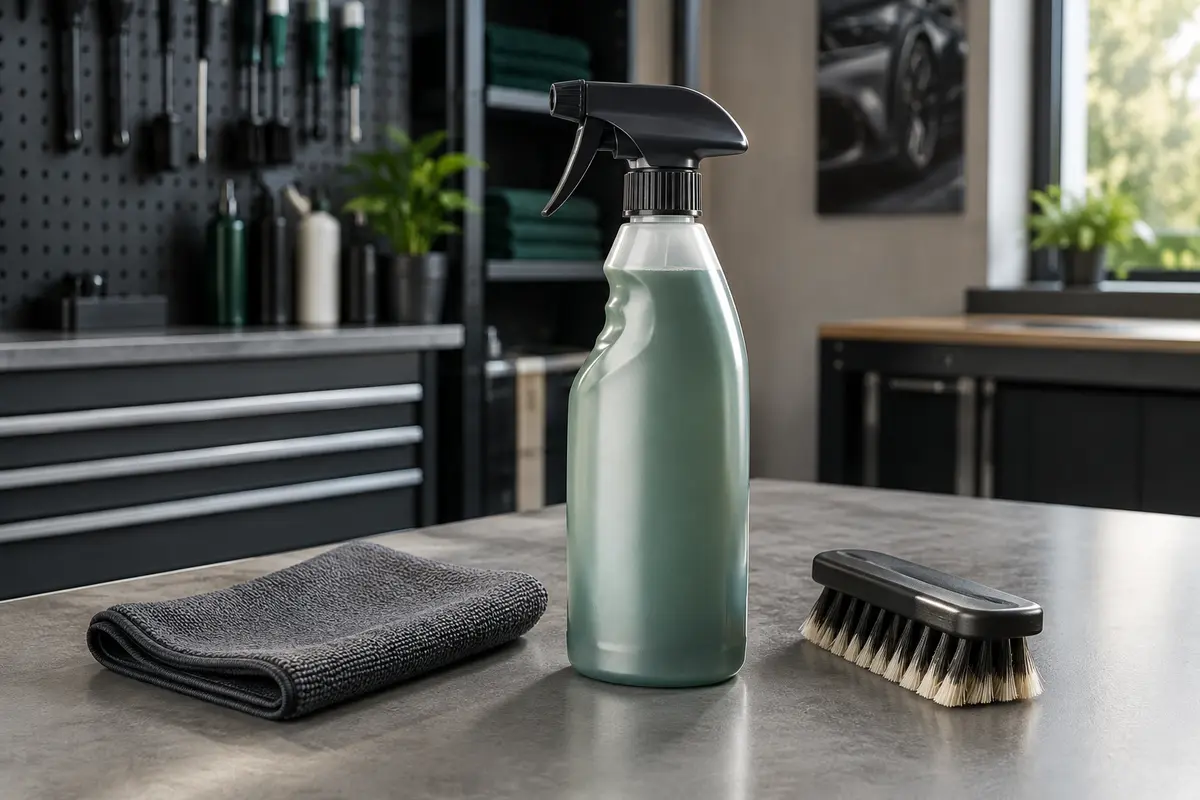 Flacon de nettoyant textile automobile de 500 ml posé sur un établi gris avec un échantillon de tissu et une brosse.