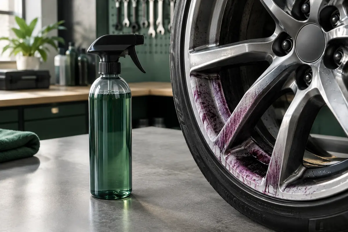 Flacon de décontaminant ferreux près d’une jante en alliage présentant une réaction violette