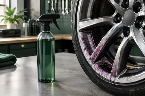 Flacon de décontaminant ferreux près d’une jante en alliage présentant une réaction violette