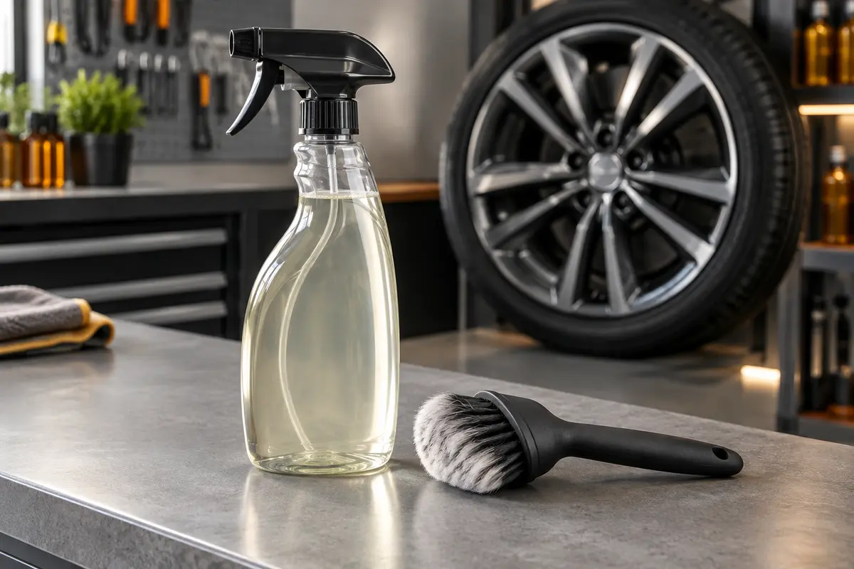 Flacon de décontaminant pour jantes et brosse à poils doux posés sur un établi d’atelier propre.