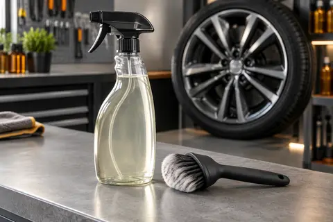 Flacon de décontaminant pour jantes et brosse à poils doux posés sur un établi d’atelier propre.