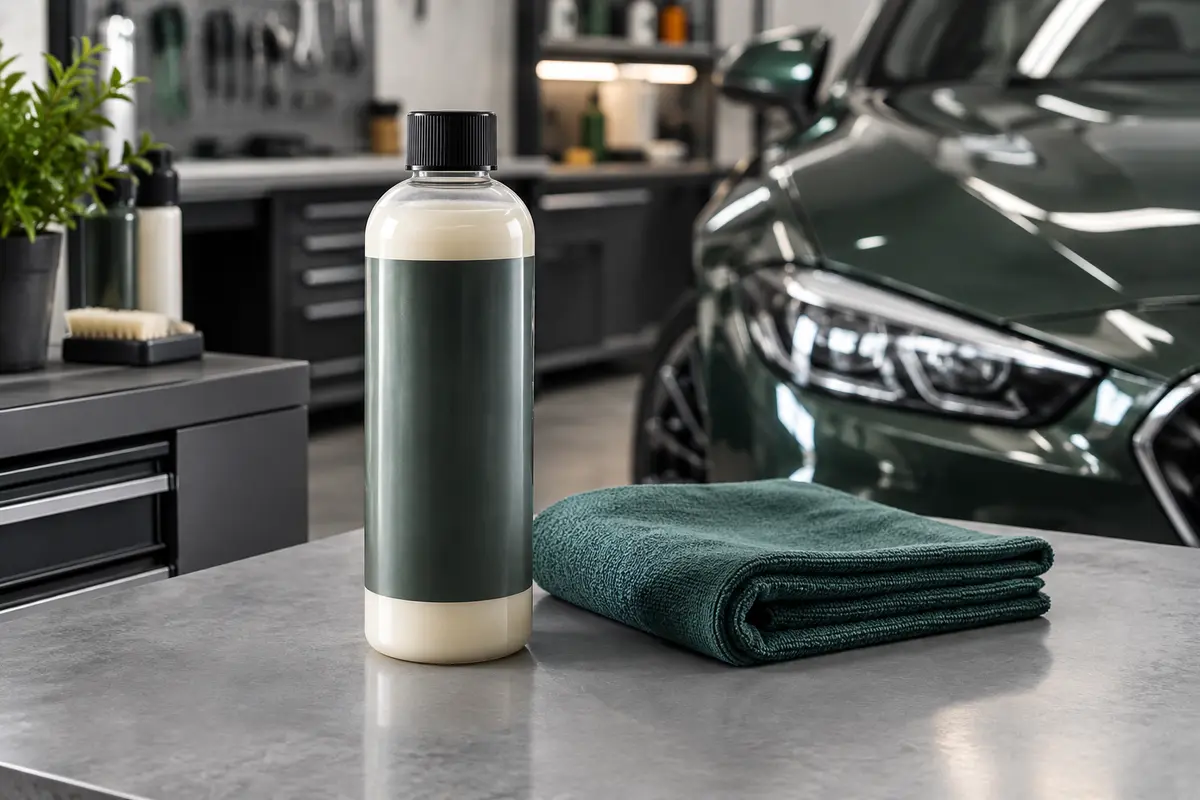 Cire liquide automobile dans un contenant sobre, posée sur un établi avec un chiffon microfibre