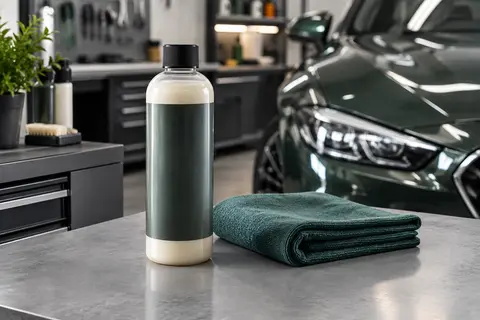 Cire liquide automobile dans un contenant sobre, posée sur un établi avec un chiffon microfibre