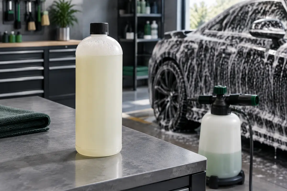 Flacon neutre de mousse de prélavage automobile posé sur un établi, avec une carrosserie couverte de mousse en arrière-plan.