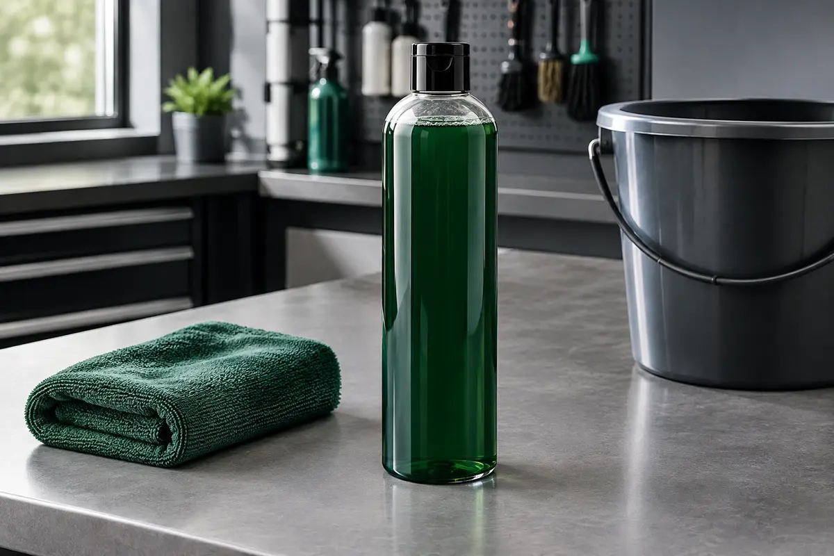 Flacon de shampoing automobile concentré posé sur un établi gris dans un atelier de lavage