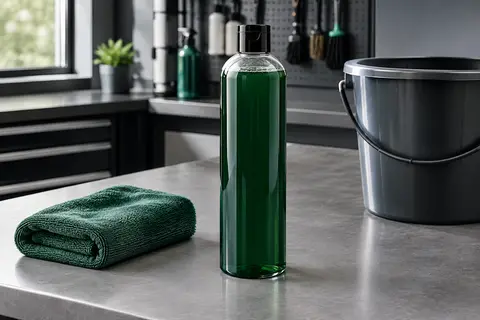 Flacon de shampoing automobile concentré posé sur un établi gris dans un atelier de lavage