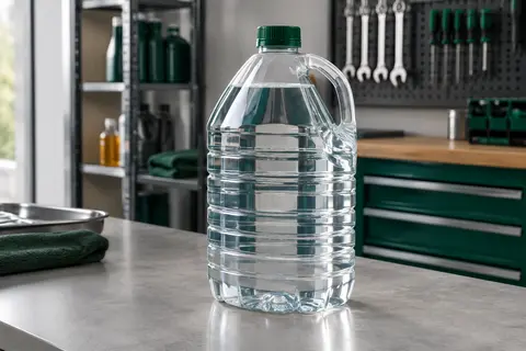 Contenant de liquide lave-glace hivernal transparent posé sur un établi gris dans un atelier propre
