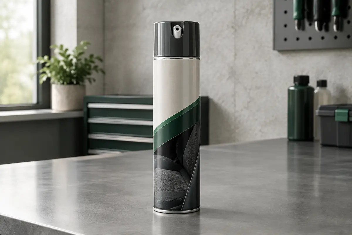 Aérosol de nettoyant textile automobile posé sur un établi gris dans un atelier propre