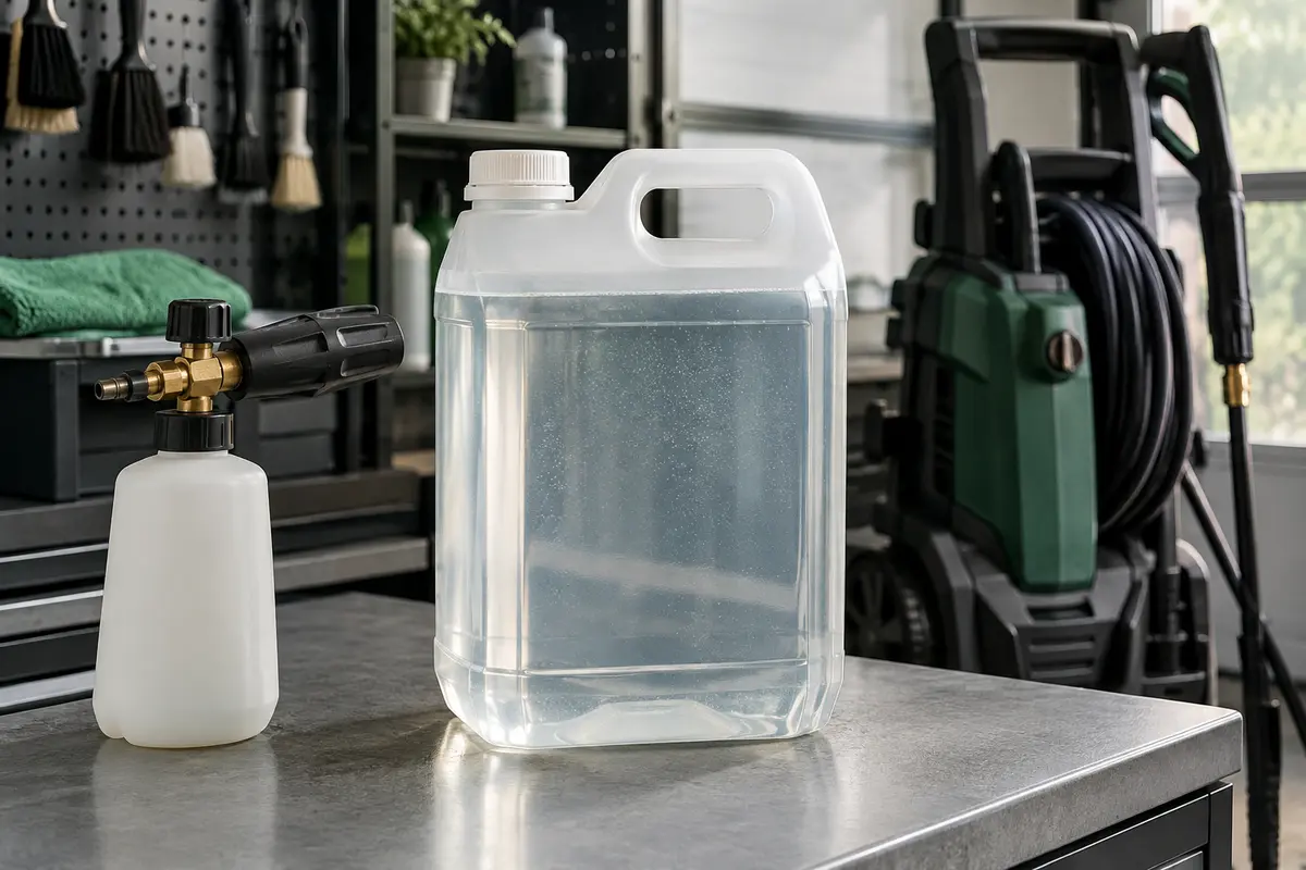 Nettoyant moussant concentré transparent de cinq litres posé sur un établi dans un atelier de lavage auto.