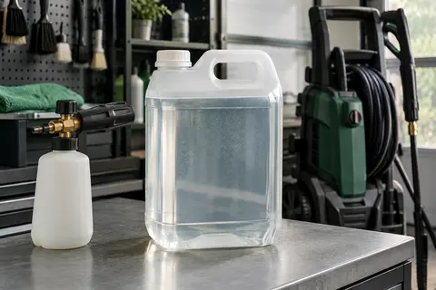Nettoyant moussant concentré transparent de cinq litres posé sur un établi dans un atelier de lavage auto.