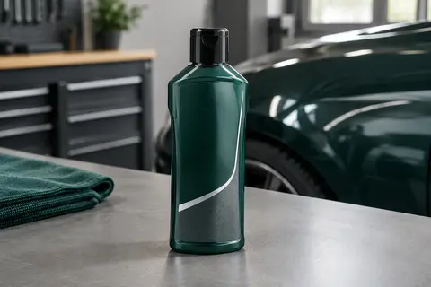 Produit polish efface-rayures Manelord posé sur un établi gris dans un atelier automobile propre