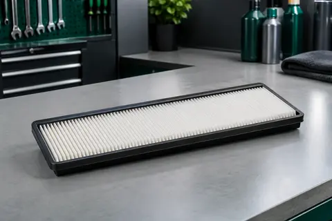 Filtre à air moteur plat en papier blanc posé sur un établi gris dans un atelier propre.