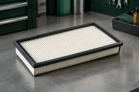 Filtre à air moteur plat en papier blanc posé sur un établi gris dans un atelier automobile