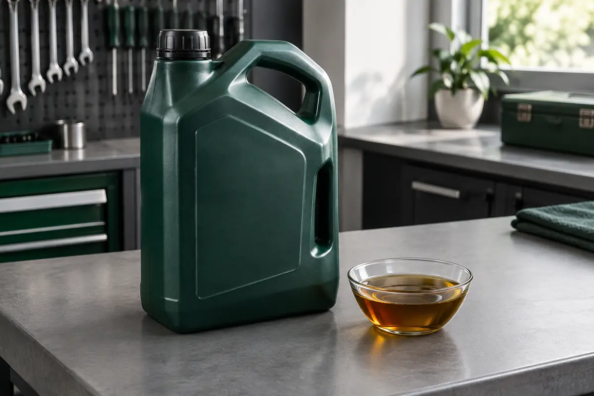 Bidon de 4 litres d’huile moteur 5W-30 brun jaune posé sur un établi d’atelier propre
