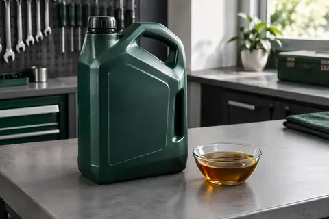 Bidon de 4 litres d’huile moteur 5W-30 brun jaune posé sur un établi d’atelier propre