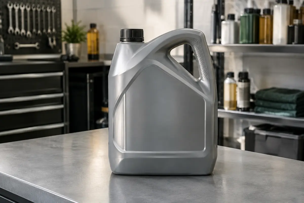 Bidon de 5 litres d’huile moteur synthétique 5W-40 posé sur un établi dans un atelier propre
