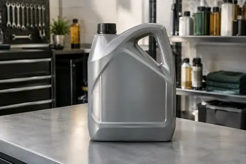 Bidon de 5 litres d’huile moteur synthétique 5W-40 posé sur un établi dans un atelier propre