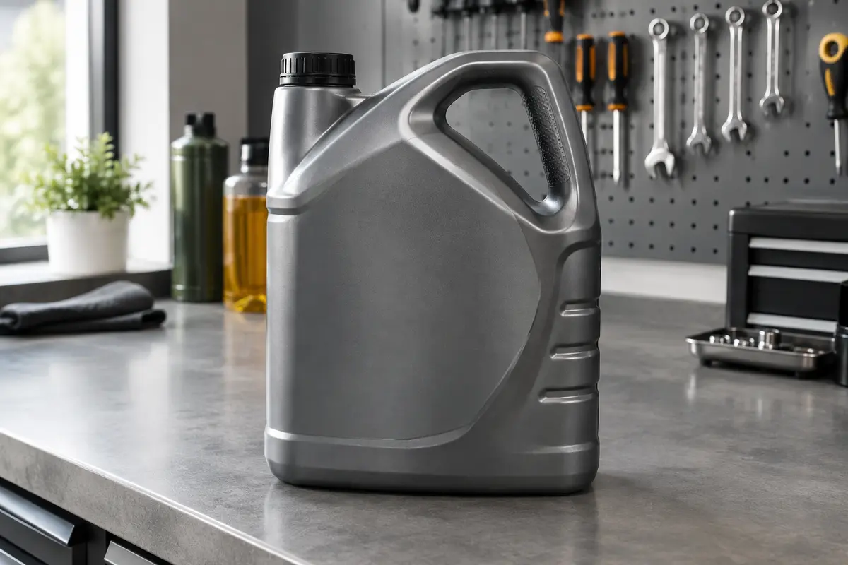 Bidon de 5 litres d’huile moteur synthétique 5W-40 posé sur un établi d’atelier automobile.