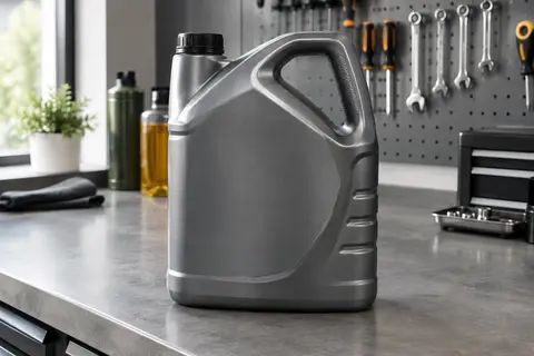 Bidon de 5 litres d’huile moteur synthétique 5W-40 posé sur un établi d’atelier automobile.